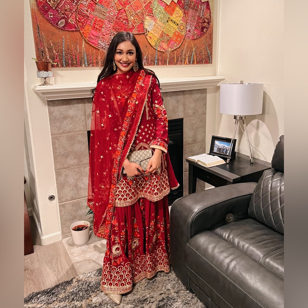 Indian Punjabi Jaggo Salwar Salwaar Palazzo Suit Burgundy and Gold Embroidered